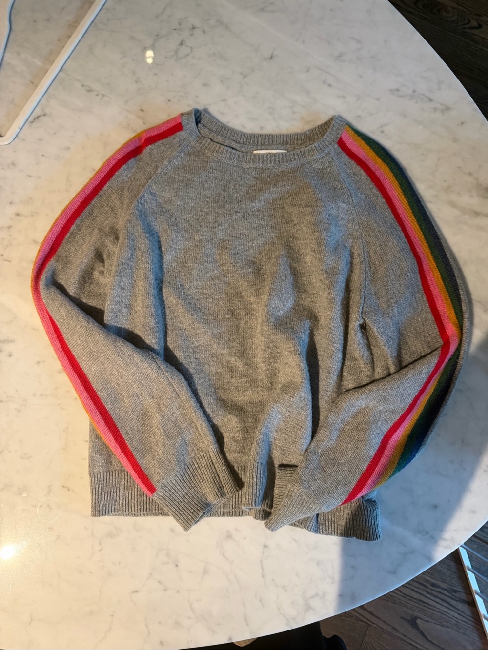 Gray Crewneck Sweater with Colorful Striped Raglan Sleeves